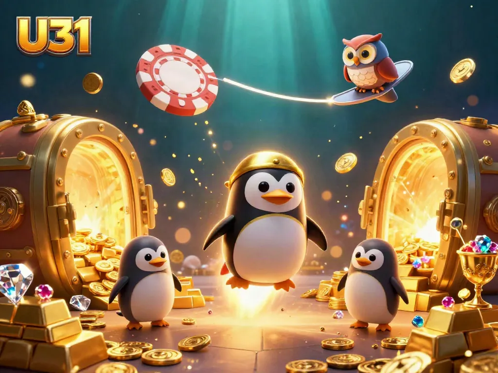 Experience thrilling wins with U31 as a golden penguin rockets toward a casino in space, surrounded by treasures.