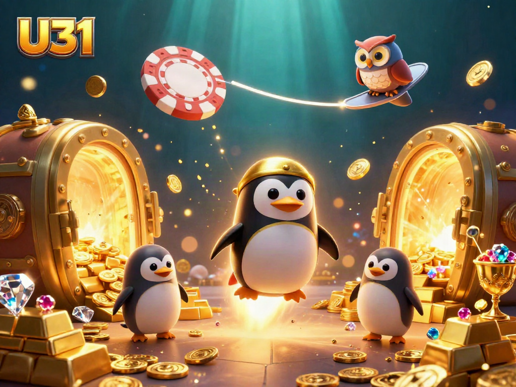Experience thrilling wins with U31 as a golden penguin rockets toward a casino in space, surrounded by treasures.