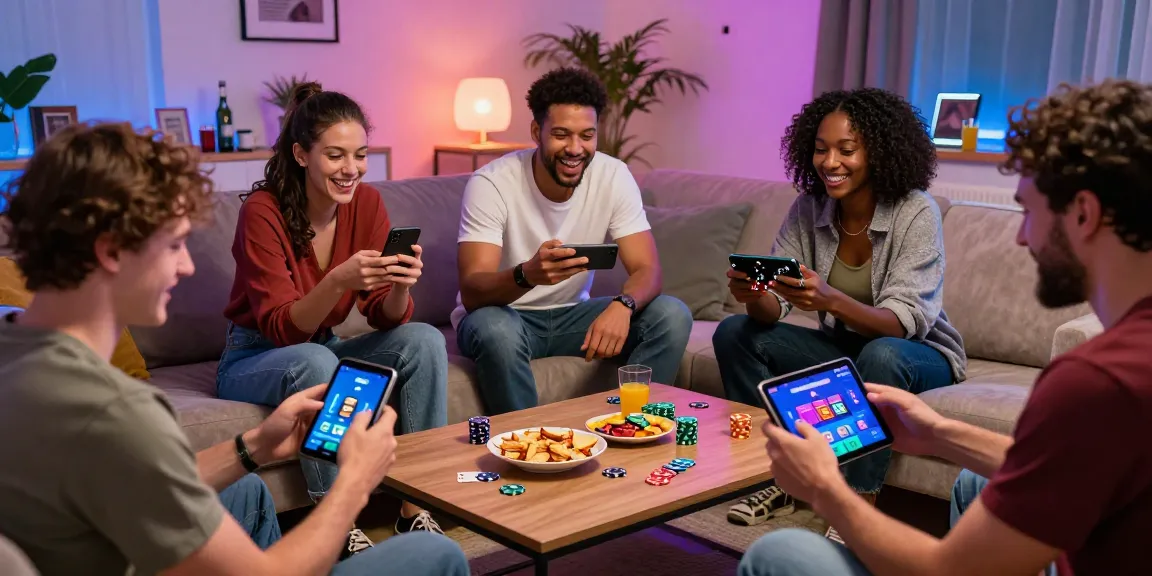 Friends enjoying an online game of poker on smartphones, celebrating wins in a lively living room.