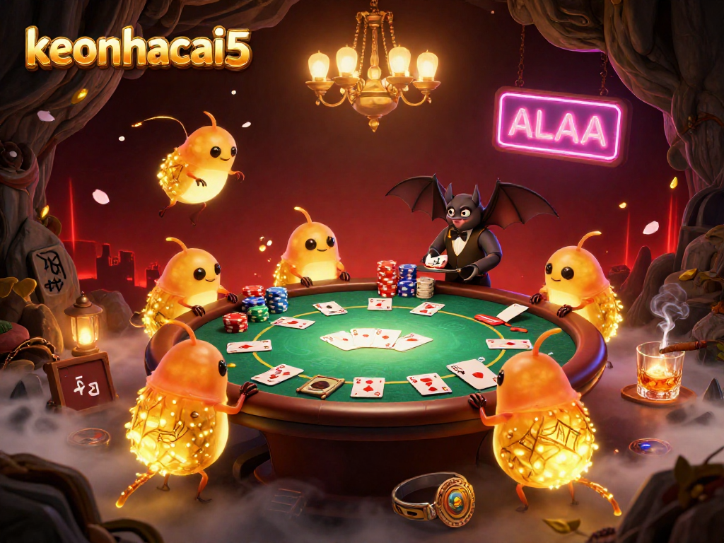 Experience the excitement of keonhacai5 with glowworms illuminating a lively poker scene in a vibrant cave casino.