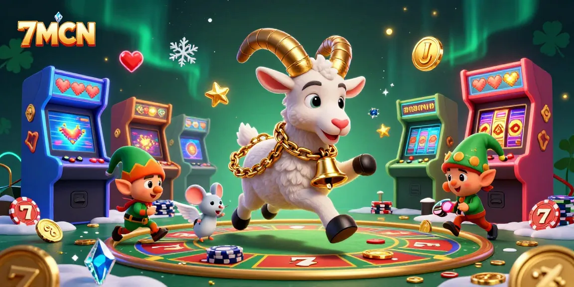 Engage with 7MCN in a vibrant casino scene filled with colorful characters and lively gaming elements.
