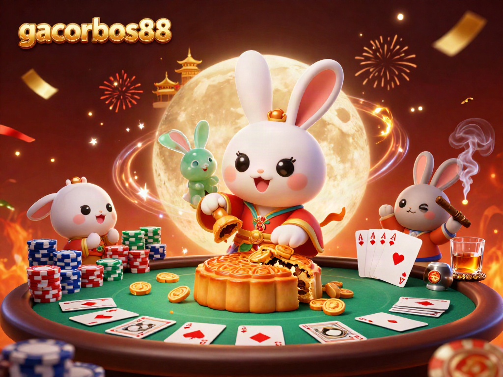 Experience the thrill of gacorbos88 with a captivating casino scene featuring a moon rabbit and poker elements.