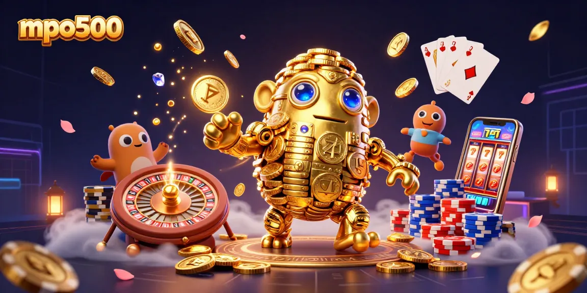 Spin the mpo500 slot reels surrounded by cascading coins and vibrant gem stone treasures.