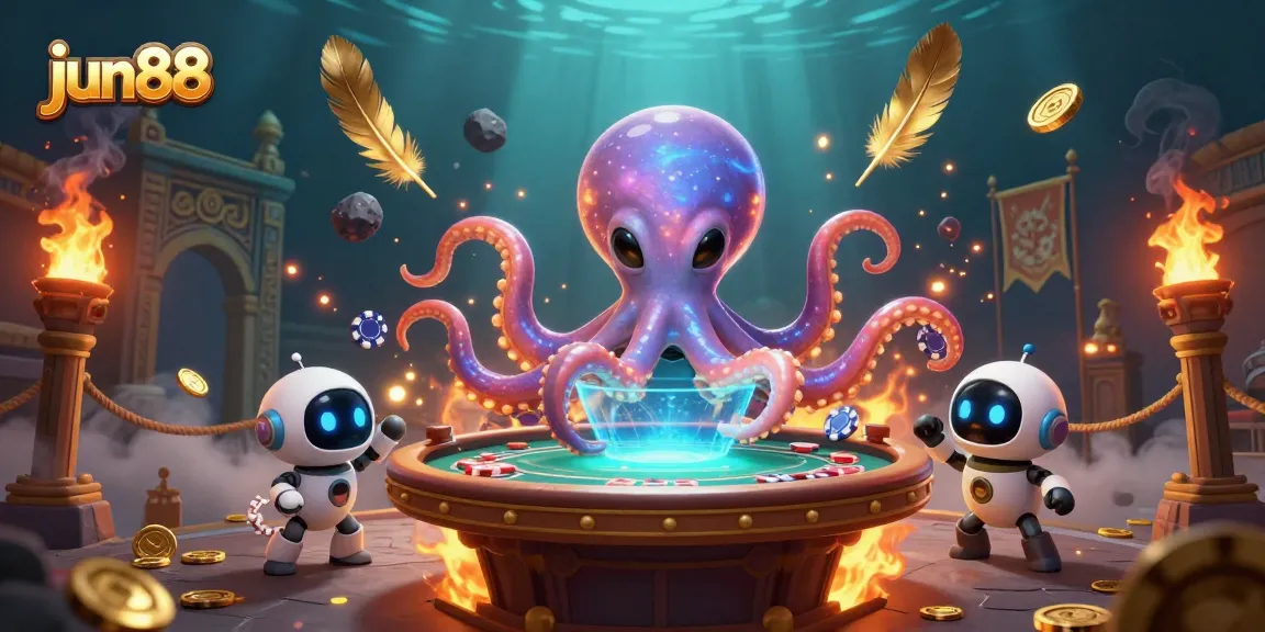 Engage with jun88's thrilling poker action, featuring a vibrant alien octopus and dynamic gaming elements.