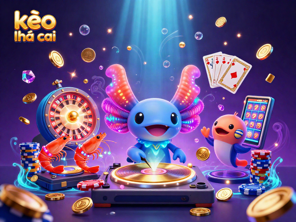 Engage in kèo nhà cái action with a vibrant underwater casino scene featuring a DJ axolotl.