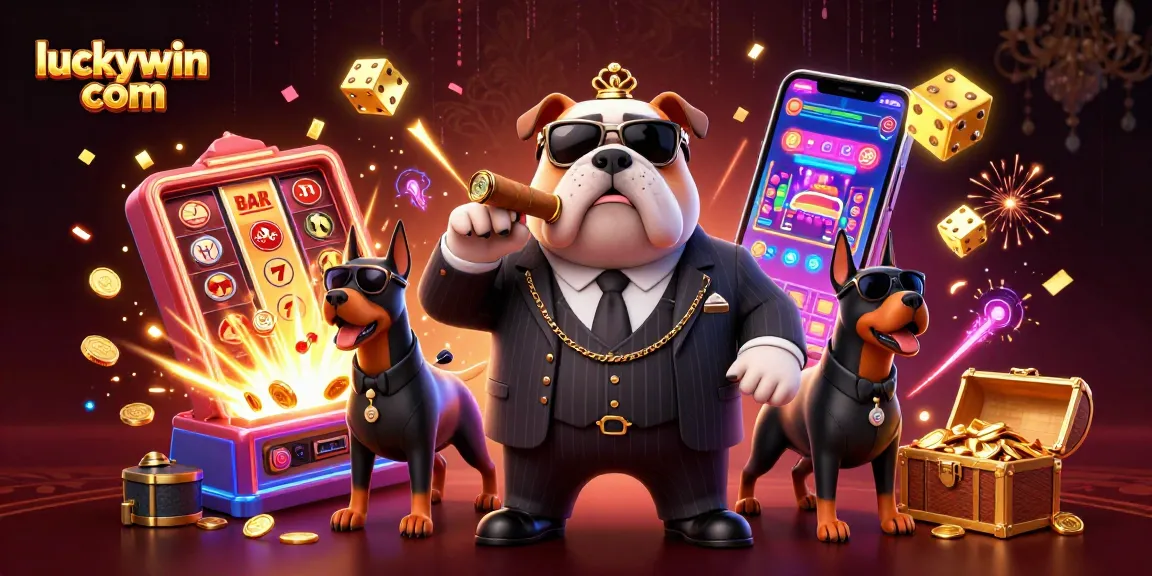 Experience big wins at luckywin com with a thrilling 3D casino scene featuring a mafia bulldog and dynamic slots.