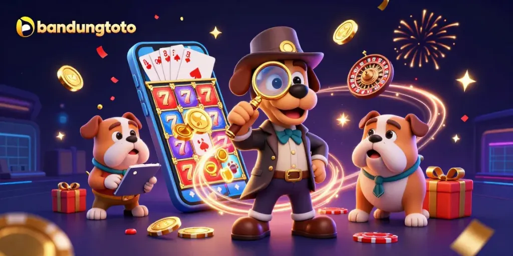 bandungtoto menampilkan detektif 3D dan teman anjingnya di dunia permainan slot yang kaya warna.