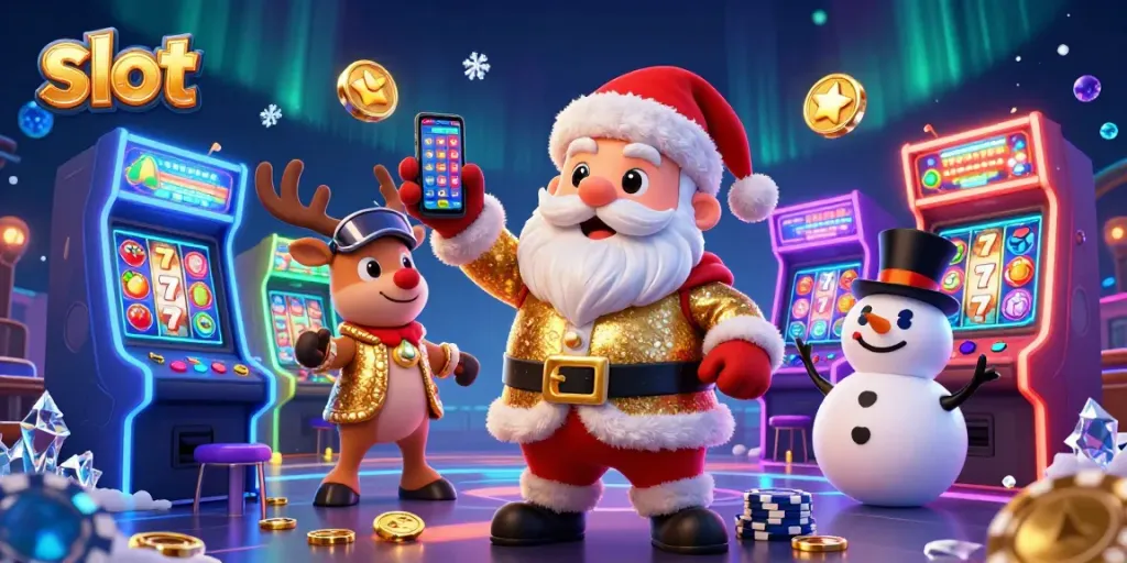 Play thrilling slot games surrounded by vibrant casino elements in a festive scene.