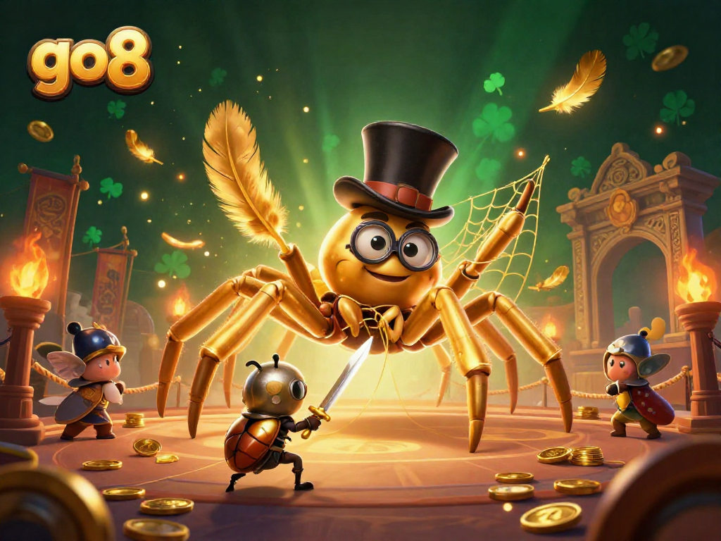 Experience thrilling gameplay at go8 with a 3D cartoon golden tarantula, beetle knight, and vibrant casino elements.