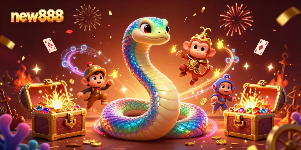 Engage with new888 in a vibrant casino adventure featuring a rainbow serpent and treasures.