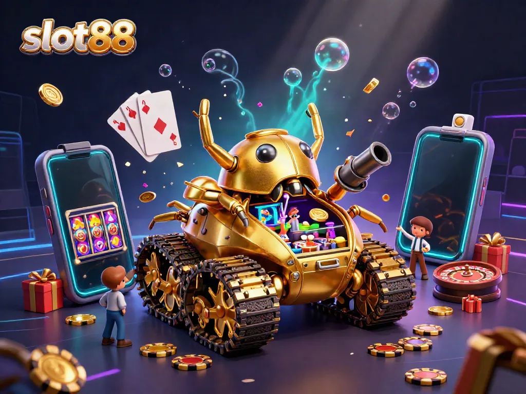 Menangkan slot88 dengan visual 3D mencolok dari kasino miniatur dalam tank tambang emas
