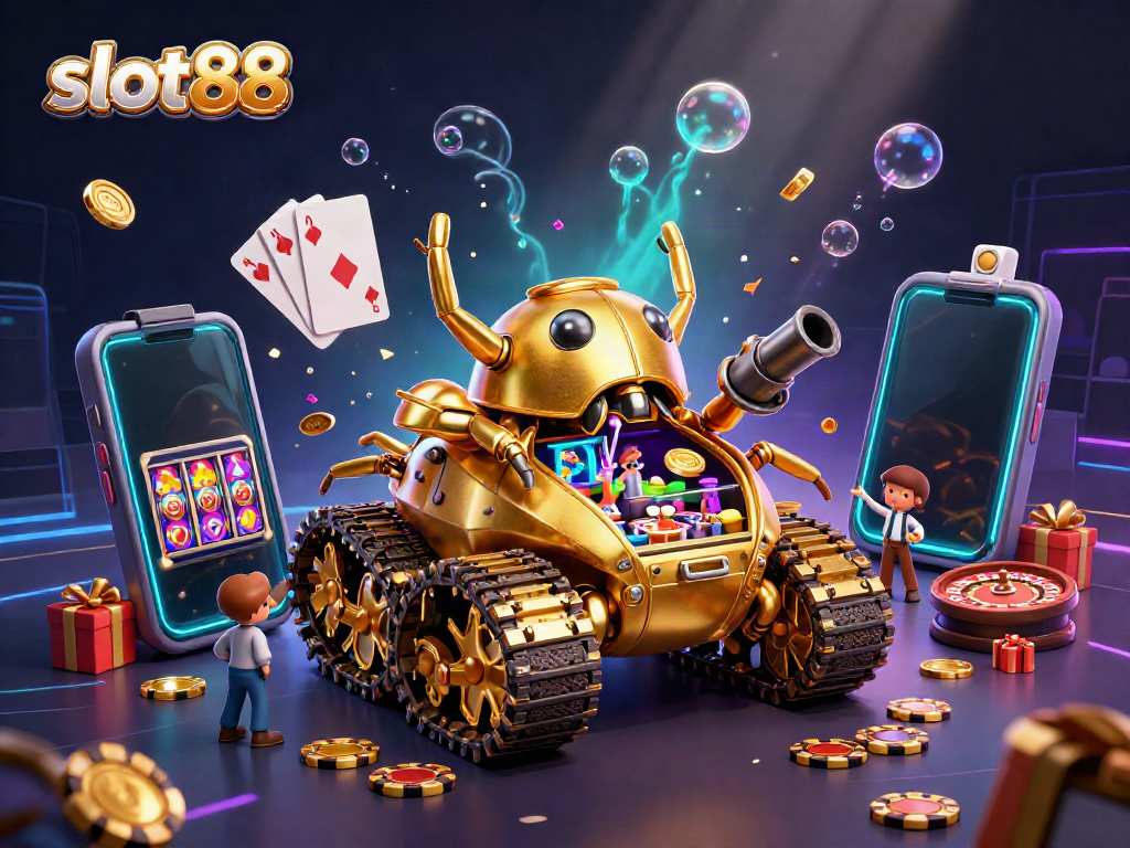 Menangkan slot88 dengan visual 3D mencolok dari kasino miniatur dalam tank tambang emas