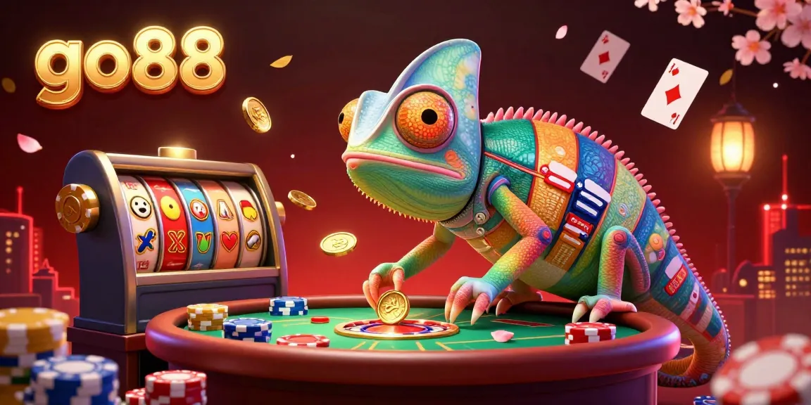 Experience thrilling gameplay with go88 in this vibrant casino illustration featuring games like slots and poker.