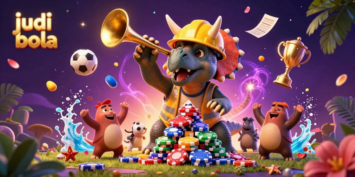 Cheerful scene celebrating judi bola with triceratops building poker chips, sports balls, and trophies.