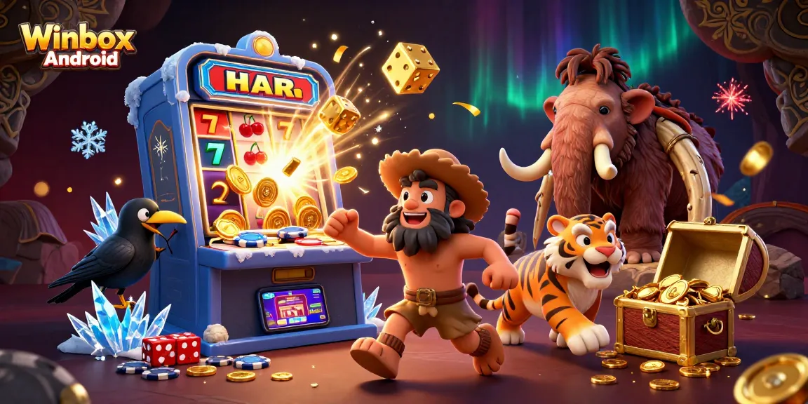 Winbox Android app illustration featuring a caveman and sabertooth duo with slot machine elements in a rich casino scene.