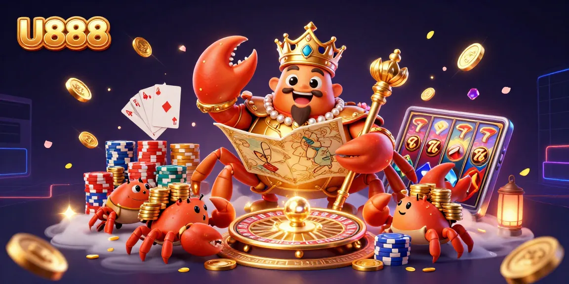 U888 showcases a golden crab emperor surrounded by vibrant casino elements in a dynamic gambling scene.