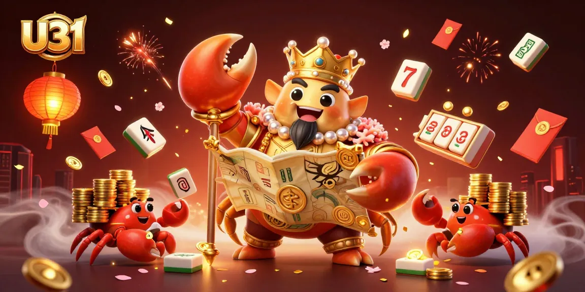Engage in joyful gameplay as U31's golden crab emperor dazzles with a treasure map while surrounded by lively casino elements.
