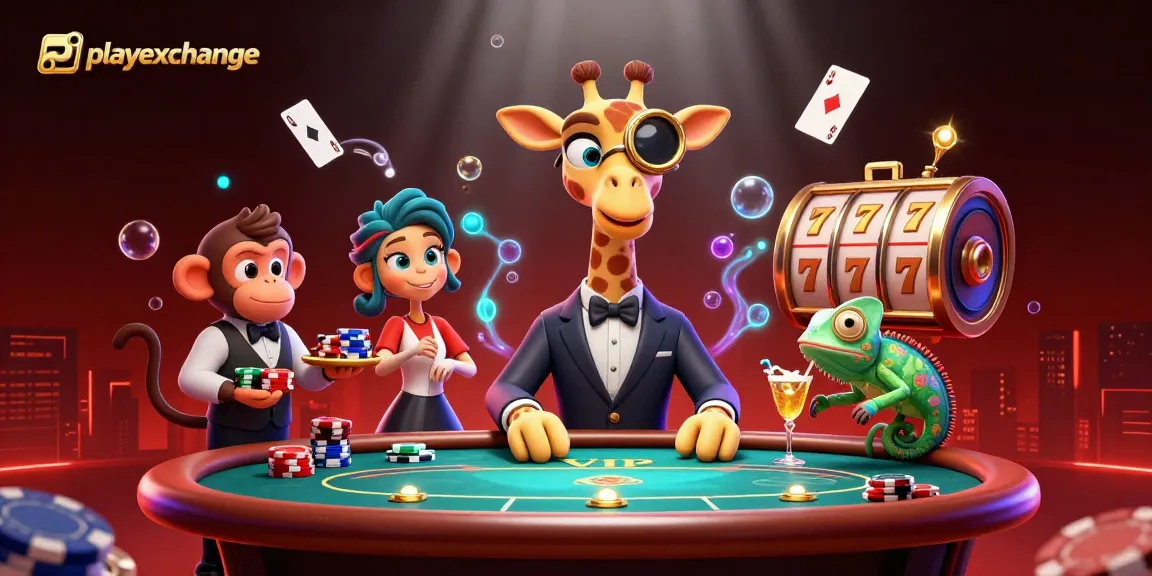 Playexchange giraffe at VIP poker table, surrounded by colorful casino elements and playful characters.