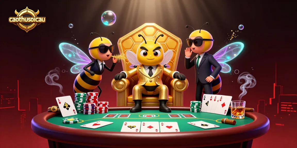 A dynamic illustration of caothusoicau featuring a cartoon bumblebee mob boss controlling a high-stakes poker environment.