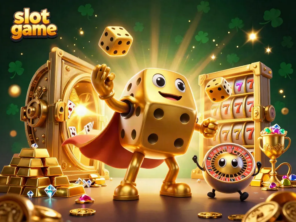 Engage with slot game excitement featuring a playful golden dice golem and dynamic casino elements.