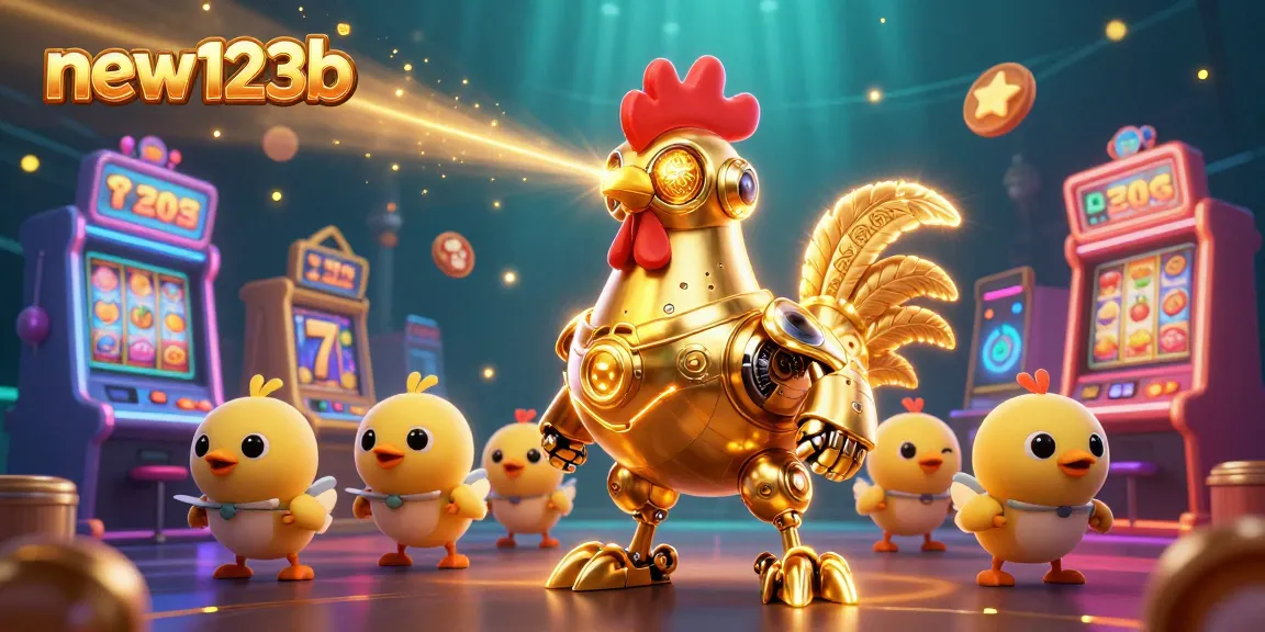 Experience new123b with a golden rooster robot and chick drones in a vibrant casino scene.