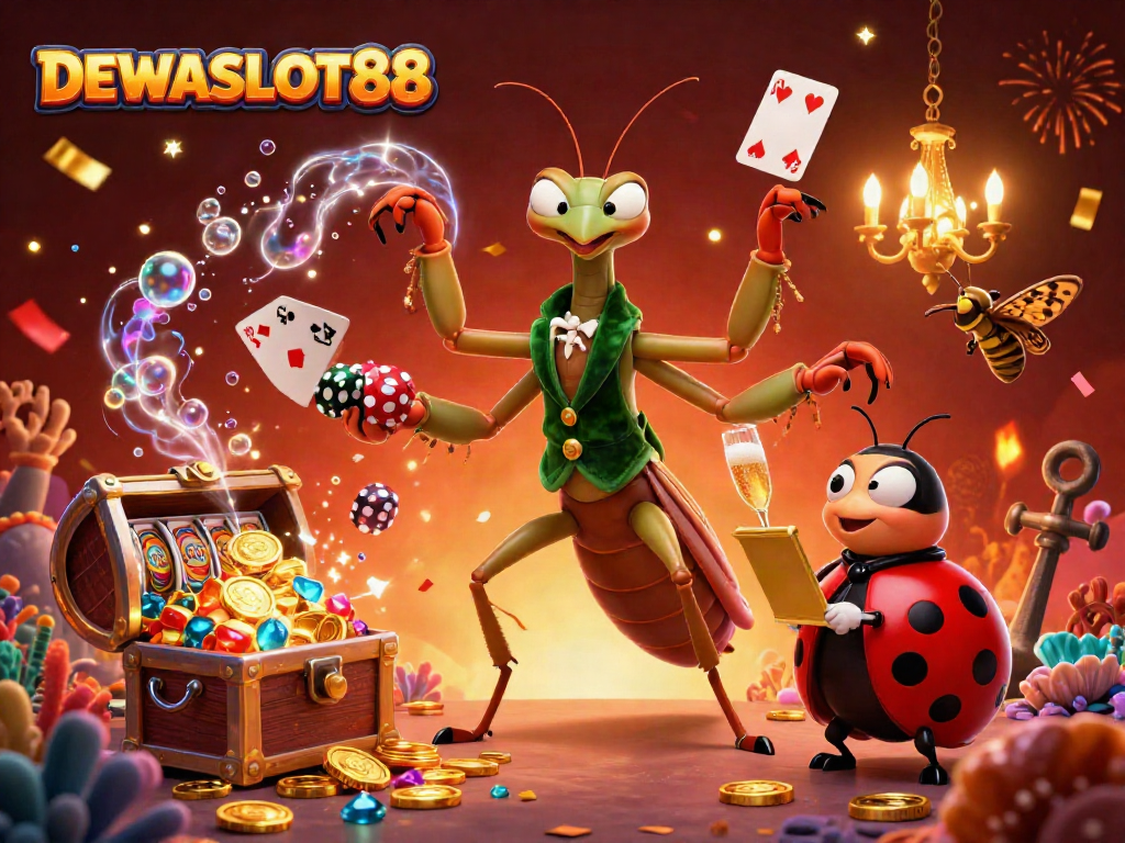 Experience DEWASLOT88 with the vibrant casino atmosphere, featuring a giant mantis and ladybug in action.