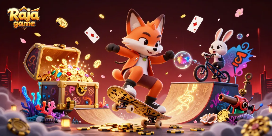 Watch the Raja game action scene with a skateboarder fox and BMXing rabbit in a vibrant casino setting.