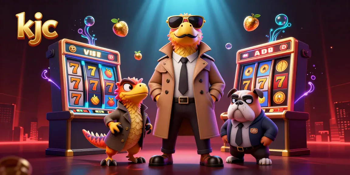 Experience excitement in KJC casino with raptors entering VIP area amidst floating slot machines and festive decorations.