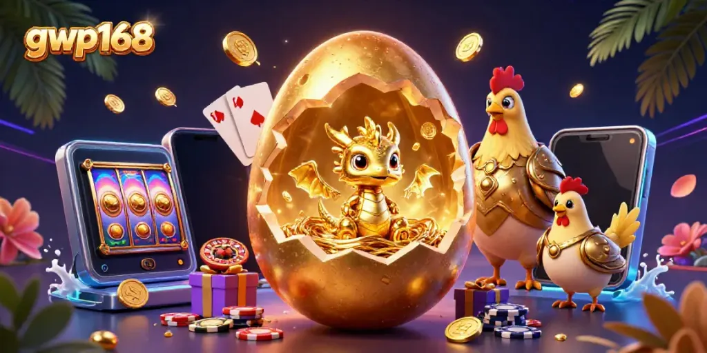 Permainan slot online gwp168 menampilkan telur emas raksasa yang pecah dengan naga emas di atas tumpukan chip poker.