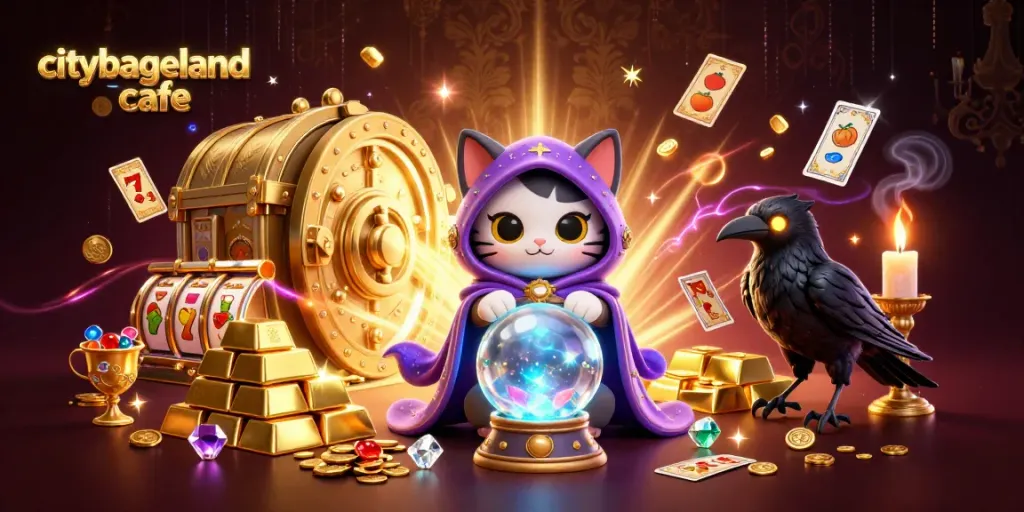 citybagelandcafe menunjukkan kemewahan dunia judi dengan slot reels dan simbol keberuntungan.