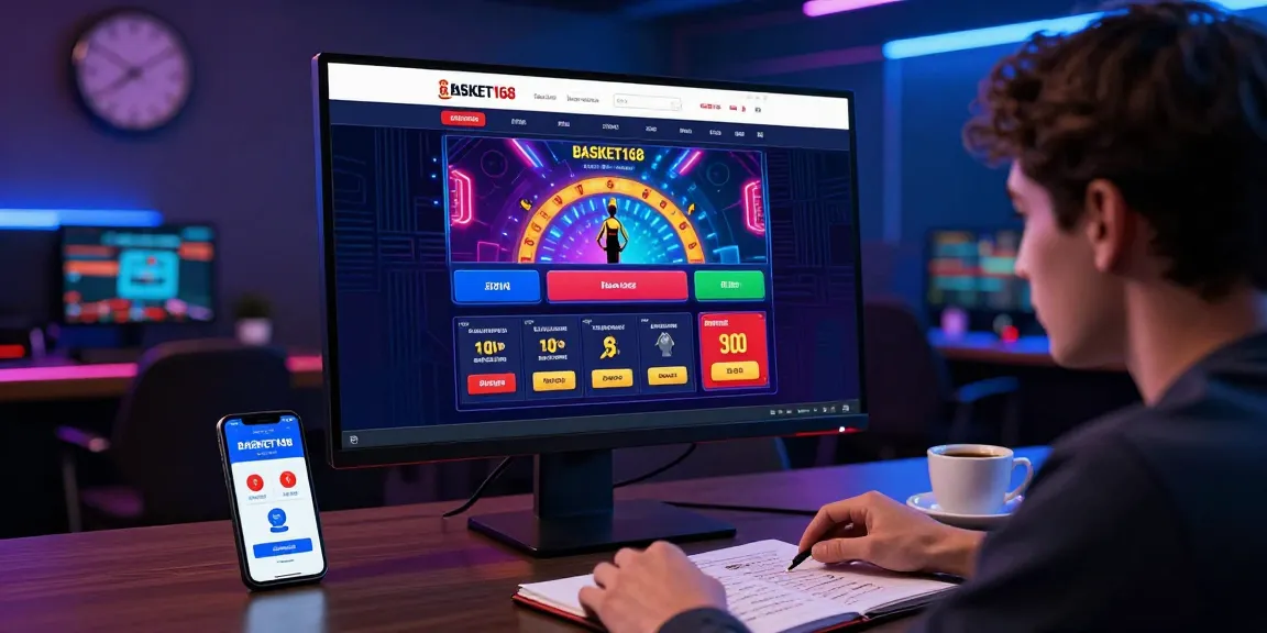 Bermain di platform basket168 dengan antarmuka grafik warna-warni, strategi di notebook, dan suasana permainan malam yang ceria.