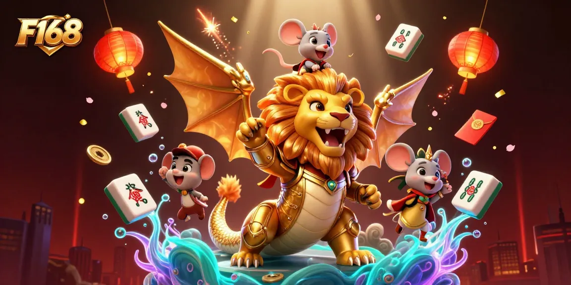 Experience thrilling gaming at F168 with an epic casino illustration featuring vibrant elements.