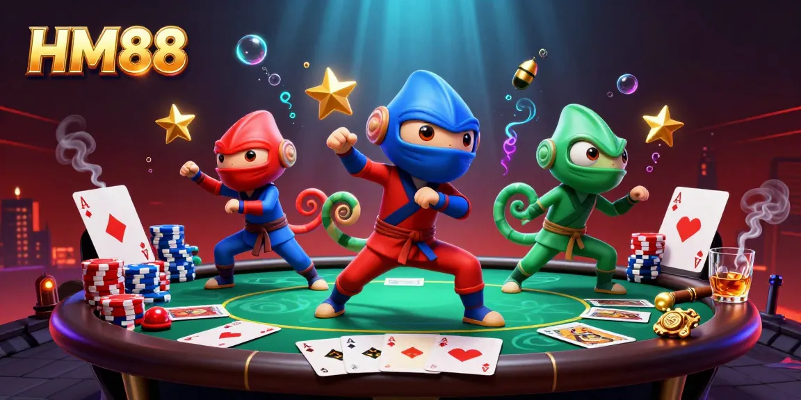 HM88 poker scene featuring a ninja chameleon team, dynamic poker action and colorful chip stacks.
