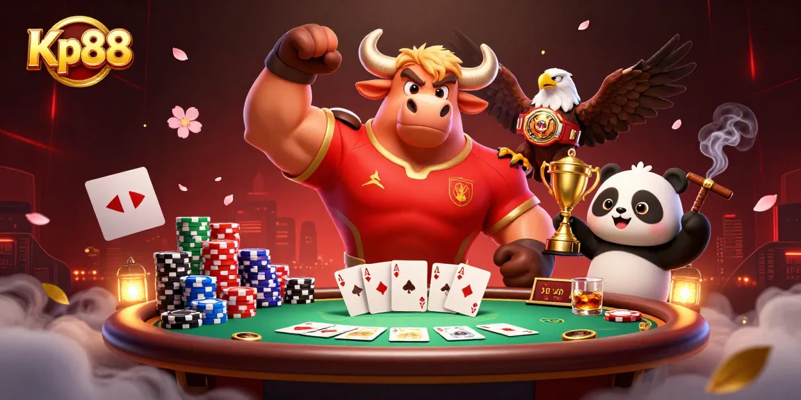 Kp88 bull mascot celebrates a winning poker moment with friends at a vibrant casino scene.