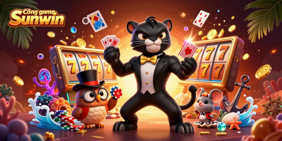Cổng game Sunwin brings luck as a panther deals cards elegantly in a lively casino scene.