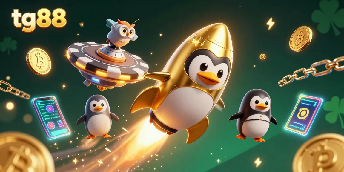 Engage with tg88 through a lively 3D casino scene showcasing a penguin and crypto elements.
