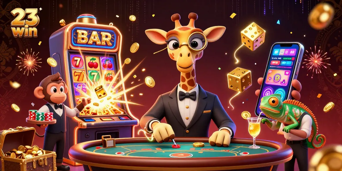 Experience the excitement of 23win's casino with high-roller characters and vibrant gaming elements.