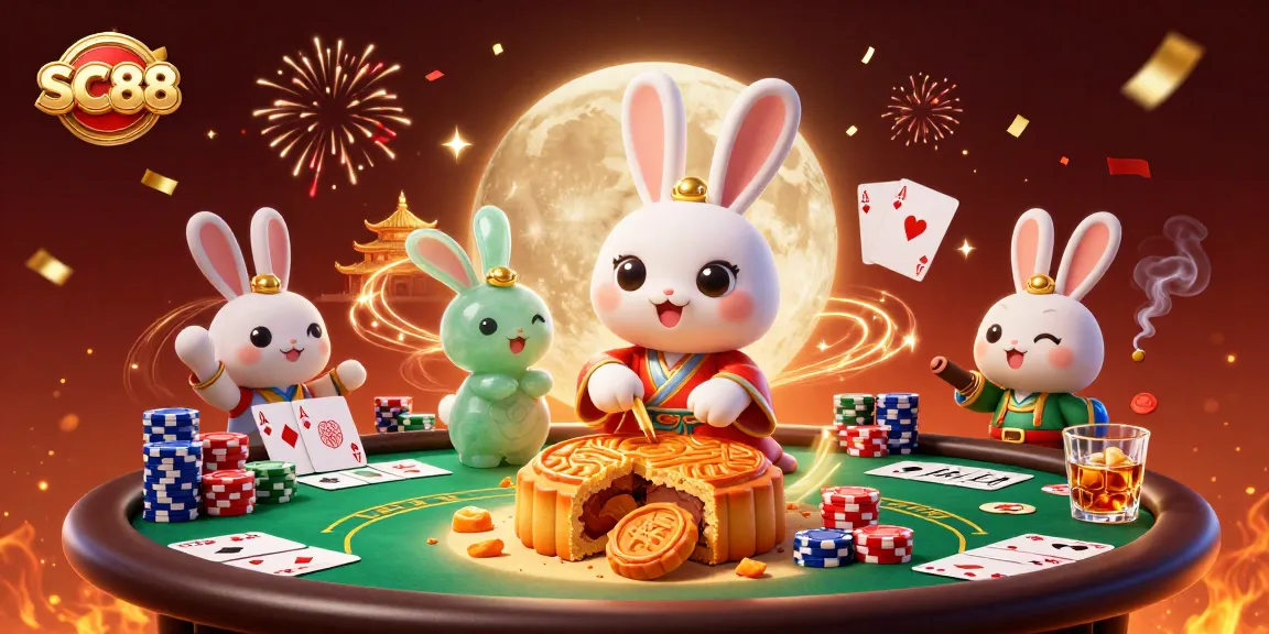 Experience thrilling gaming at SC88 with vibrant visuals of a moon rabbit scene promoting poker excitement.