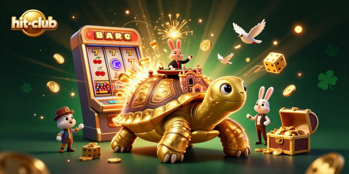 Hit-club casino scene with a giant tortoise and a rabbit dealer amidst vibrant gambling elements.