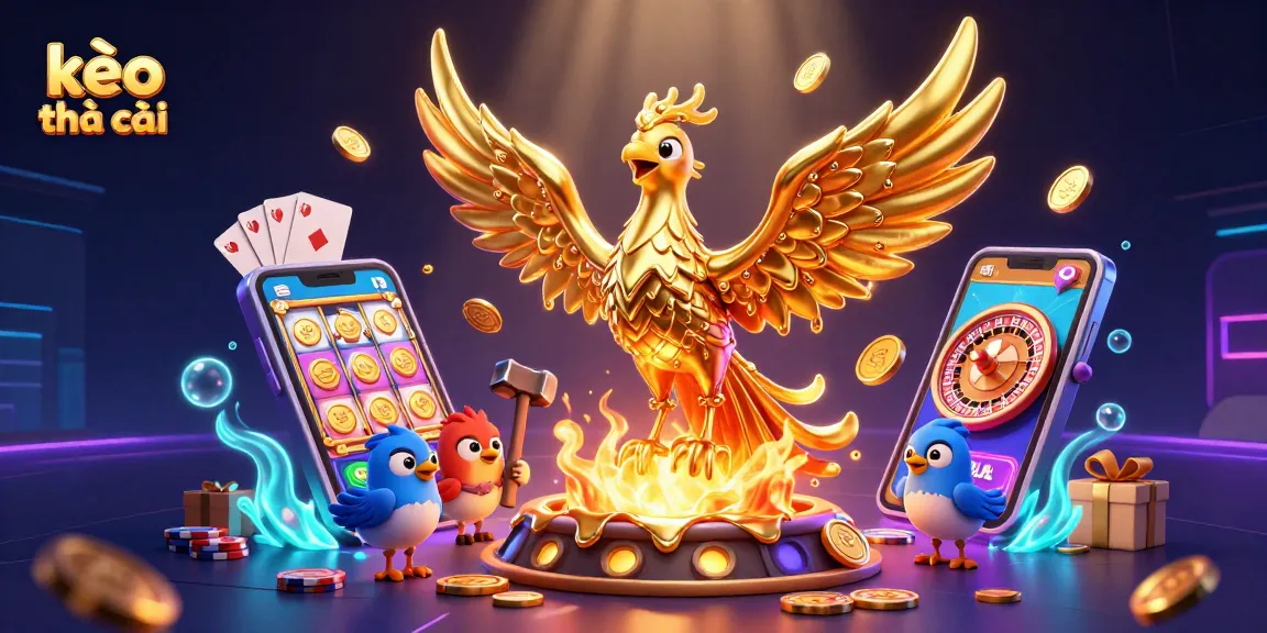 Experience kèo nhà cái with a vibrant, dynamic 3D scene including a molten gold phoenix amidst casino elements.