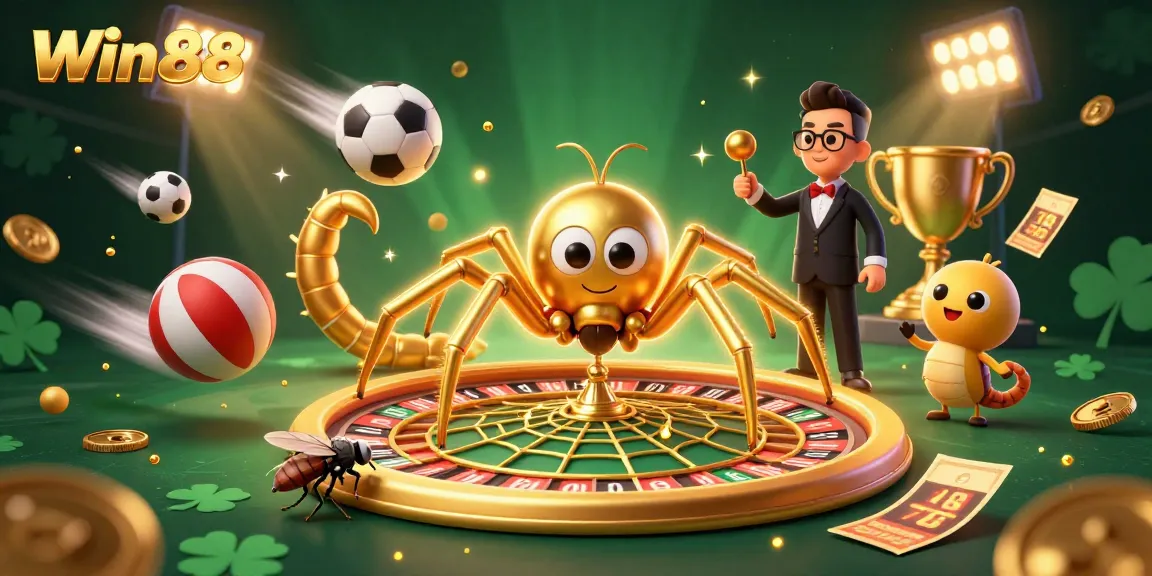 Win88 betting scene with a dynamic golden spider and centipede croupier in 3D Casino action.