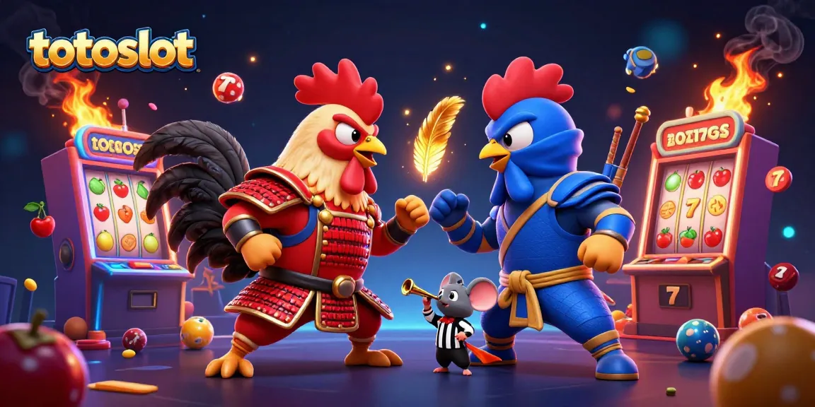 Engage with totoslot in a dynamic scene featuring fighting roosters and vibrant slot machines.