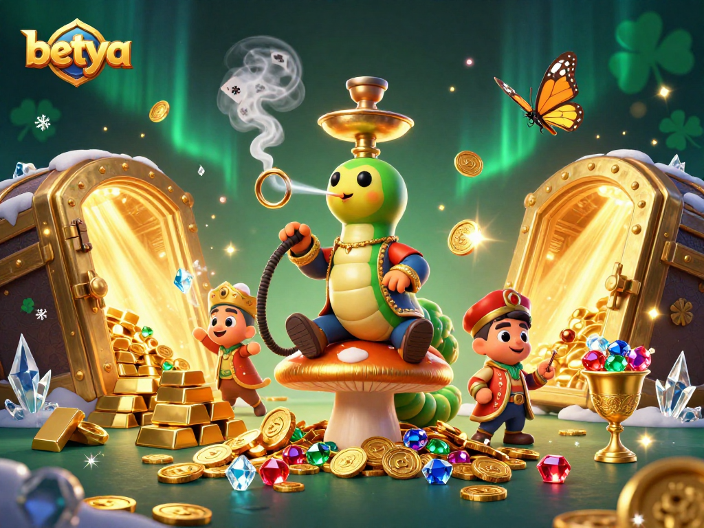 Engage with betya's vibrant casino world, featuring an enchanting caterpillar and treasures.