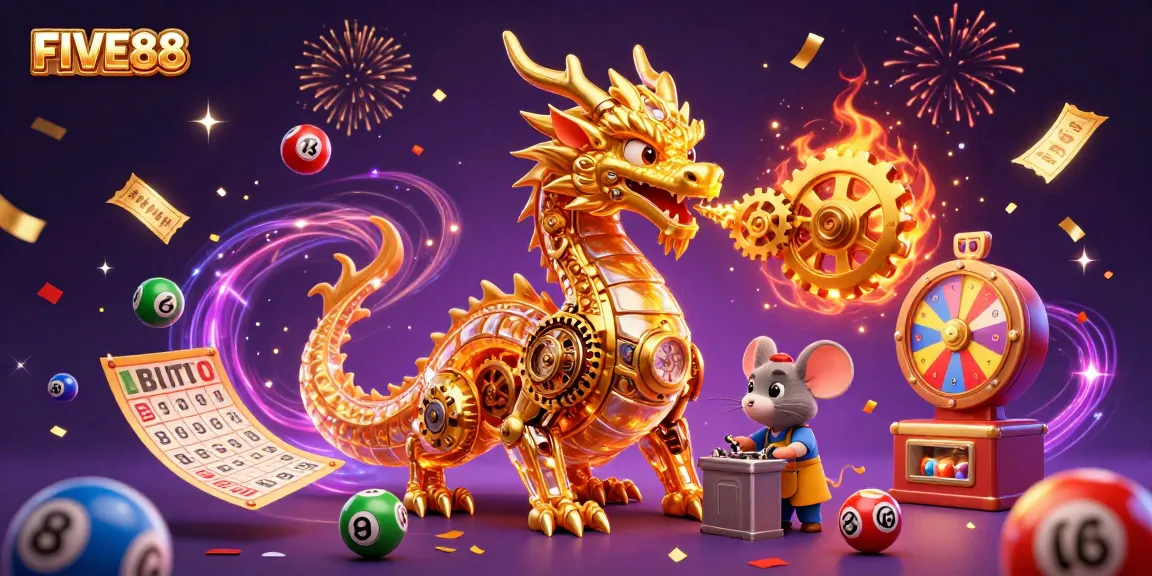 Experience the excitement of FIVE88 as a golden dragon unleashes casino magic with colorful lottery action.