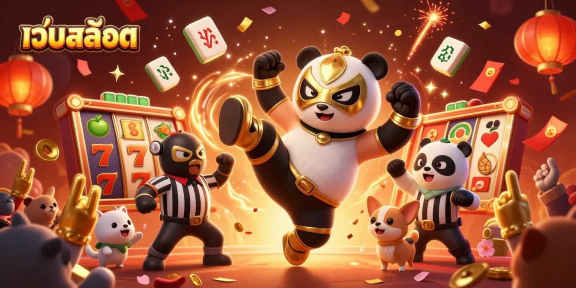 Spin the reels of เว็บสล็อต for exciting fun as a panda wrestler takes a flying kick!