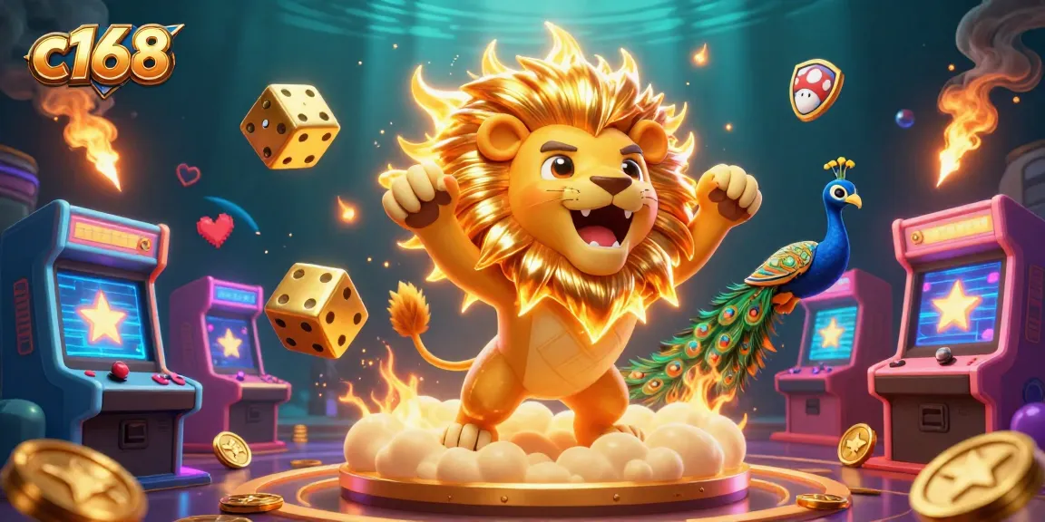 Spin the reels at c168 with a vibrant 3D illustration of casino elements and characters lighting up the gaming atmosphere.