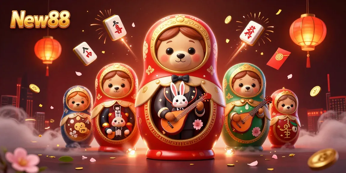 New88 showcases a vibrant casino scene with colorful characters and game elements celebrating online gaming excitement.