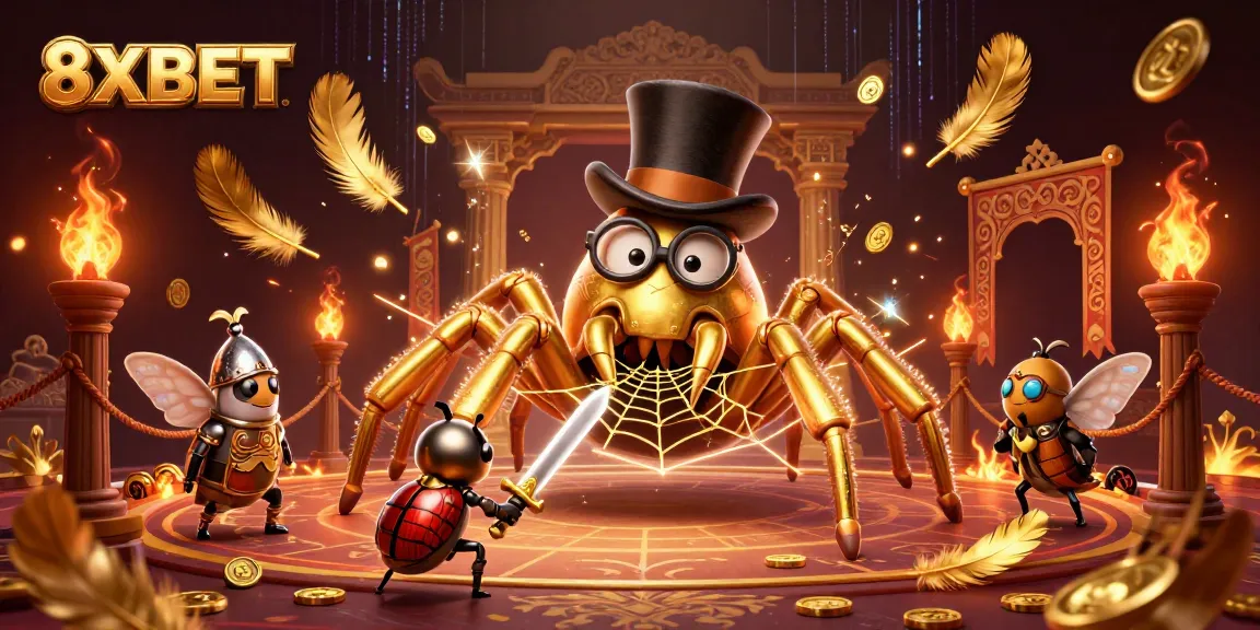 Engage with 8XBET's immersive online gaming universe featuring a golden tarantula, a beetle knight, and colorful moths.