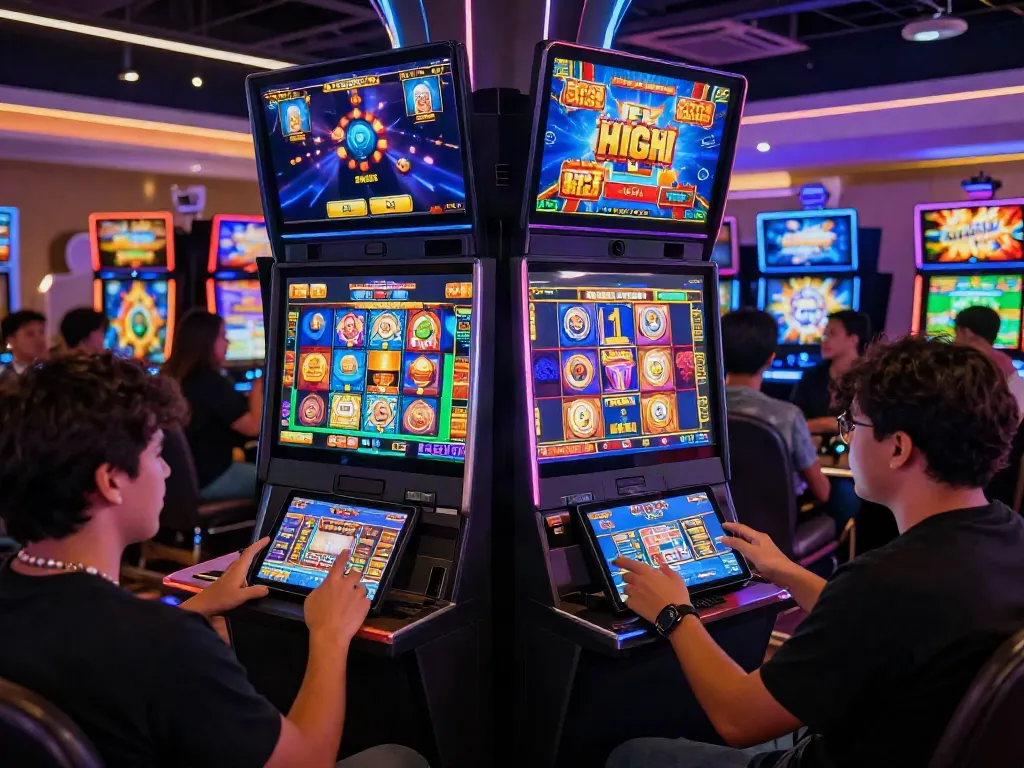 Engaged players enjoying slot resmi games on mobile devices in a vibrant digital casino environment.
