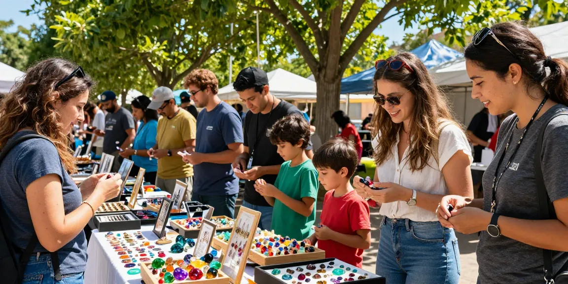 A diverse group of shoppers at https://www.mygemspot.com exploring a vibrant outdoor gemstone marketplace, showcasing colorful gems under sunlight and laughter.